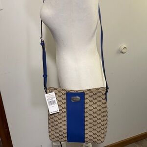 Michael Kors Beige MK Monogram Crossbody with Blue Stripe